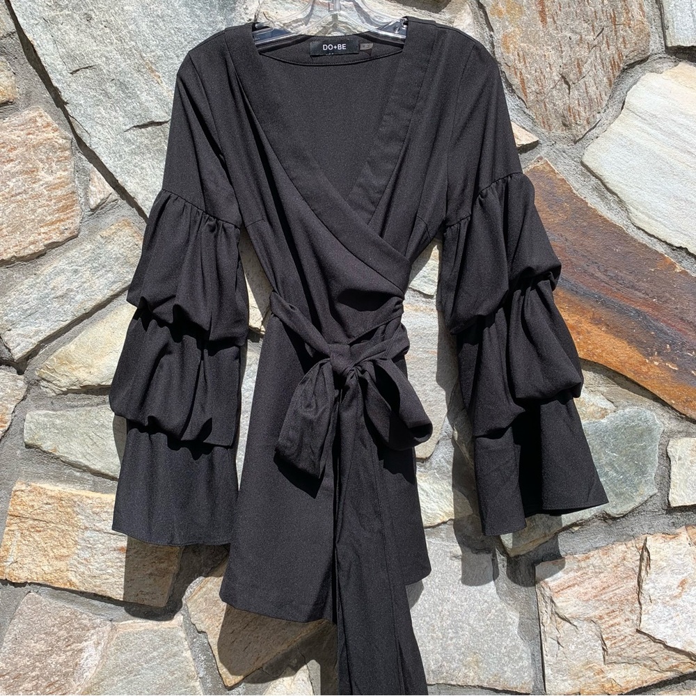 Black Romper wrap around with ruffle sleeves